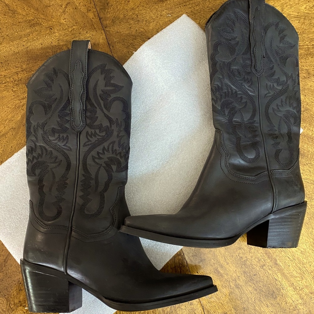 JEFFREY CAMPBELL DAGGET WESTERN BLACK LEATHER BOOTS SIZE - 5.5 WOMEN'S $269